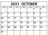 Monthly October 2021 Blank Calendar Pages Printable Template