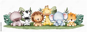 Watercolor Illustration Baby Safari Animal banner background Stock ...