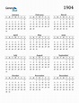 1904 Calendar (PDF, Word, Excel)