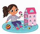 La niña está jugando con su casa de muñecas. ilustración vectorial ...