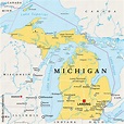 Michigan, MI, political map, with capital Lansing and metropolitan area Detroit. State in Great ...