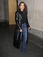 Kerry Washington's Patent Leather Trench Coat and Flare Leg Jeans Look ...