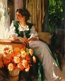 a painting of a woman sitting on a chair with flowers in her lap and ...