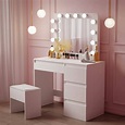 White Hollywood Style Vanity Make-up Table With LED Lights and Stool ...