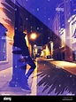 Pop art of guy leaning against a lamppost in a dark alley with the ...