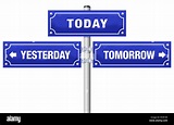 YESTERDAY, TODAY, TOMORROW, written on three blue signposts - symbolic ...