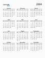 2004 Yearly Calendar Templates with Monday Start