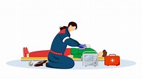 Paramedic giving first aid with defibrillator flat illustration ...