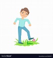 Boy walking on lawn grass breaking flowers teenage