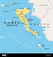 Corfu, island of Greece, political map. Also known as Kerkyra, a Greek ...