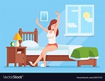 Lady wakes up morning. Lady is sitting on mattress, girl wake up after ...