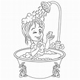 Coloring Page with Girl in Bathroom Taking a Shower Stock Vector ...