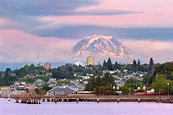 Mount Rainier over Tacoma WA waterfront during alpenglow sunset evening ...