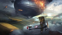 artwork, digital art, airplane, aircraft, war, Zeppelin, Battlefield 1 ...