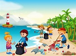 Niños voluntarios limpiando la playa 419723 Vector en Vecteezy