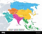 Asia. Regiones. Mapa político con un solo país. Subregiones coloreadas ...