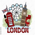 Vector illustration about Londondepicting London landmarks: telephone ...
