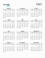 1921 Calendar (PDF, Word, Excel)