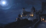 architecture castle ancient tower night lights moon clouds moonlight ...