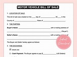 Motor Vehicle Bill of Sale Bill of Sale Car Sale Form Vehicle Sale Form ...