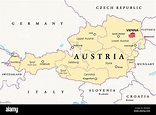 Austria, political map, with the capital Vienna, nine federated states and their capitals. With ...