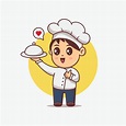 Cute Chef boy serving food illustration. Kawaii cartoon character ...