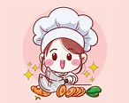 Chef mujer cortando zanahoria vegetal, cocinando en vector de dibujos ...