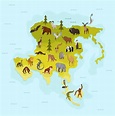 Mapa da ásia com animais diferentes. banner de desenho animado para crianças com o continente ...