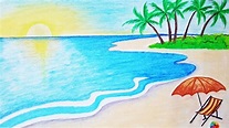 How to draw a scenery of sea beach Step by step (easy draw) - YouTube ...