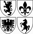 four black and white crests with lions