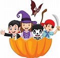 niños de dibujos animados con disfraz de halloween dentro de la cesta ...