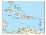 Caribbean Map with Countries, Cities, and Roads