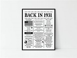 1931 Back in 1931 Fun Facts 1931 Trivia Birthday Sign - Etsy UK