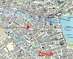 1983 - Mapa parcial de Zürich, nele Hotel Limmat e o roteiro da visita ...