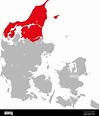 Región norte de Jutlandia aislada en el mapa de Dinamarca. Fondo gris ...