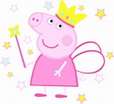 a pink peppo pig with a crown on its head holding a wand and stars