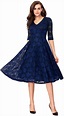 Noctflos Women's 3/4 Sleeves Lace Fit & Flare Midi Cocktail Dress for ...
