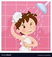 Cute boy taking shower in bathroom in morning Vector Image