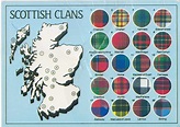 Map of tartan patterns representing some of the major Scottish clans ...