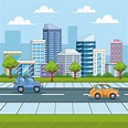 Dibujos animados de paisajes urbanos de ciudades y automóviles | Vector ...