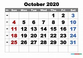 Free Printable October 2020 Calendar Word, PDF, Image