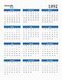 1892 Calendar (PDF, Word, Excel)