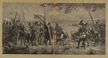 An illustration of Christopher Columbus’s initial meeting with Native ...