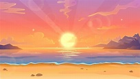 Ilustración de dibujos animados del paisaje del océano en la puesta del ...