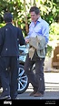 Hugh Grant wearing brown suede shoes leaves a hotel and gets into a ...