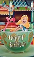 a happy birthday card with a cartoon character in a teacup