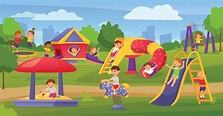 Cartoon kids playing on playground in summer park or kindergarten ...