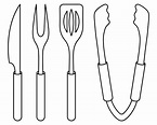 A set of barbecue tools. Sketch. Meat fork with two prongs, spatula ...