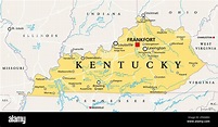 Kentucky, KY, mapa político con la capital Frankfort y las ciudades más ...