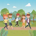 Jóvenes caminando en los personajes del parque. | Vector Gratis